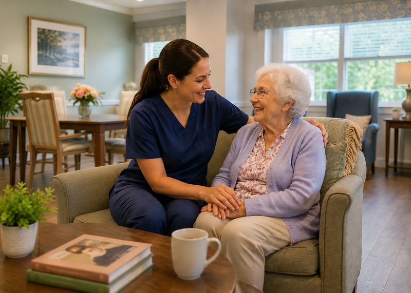 Caring staff with resident at Lakebridge - A Waters Community